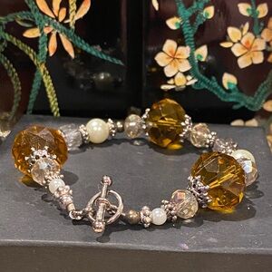 Elegant Silver Tone and Amber Crystal Beaded Bracelet